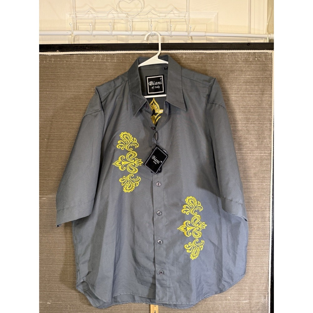 NWT Biani Of Italy Men's Casual Button Up Ss shirt Gray Yellow Embroidered 2XL